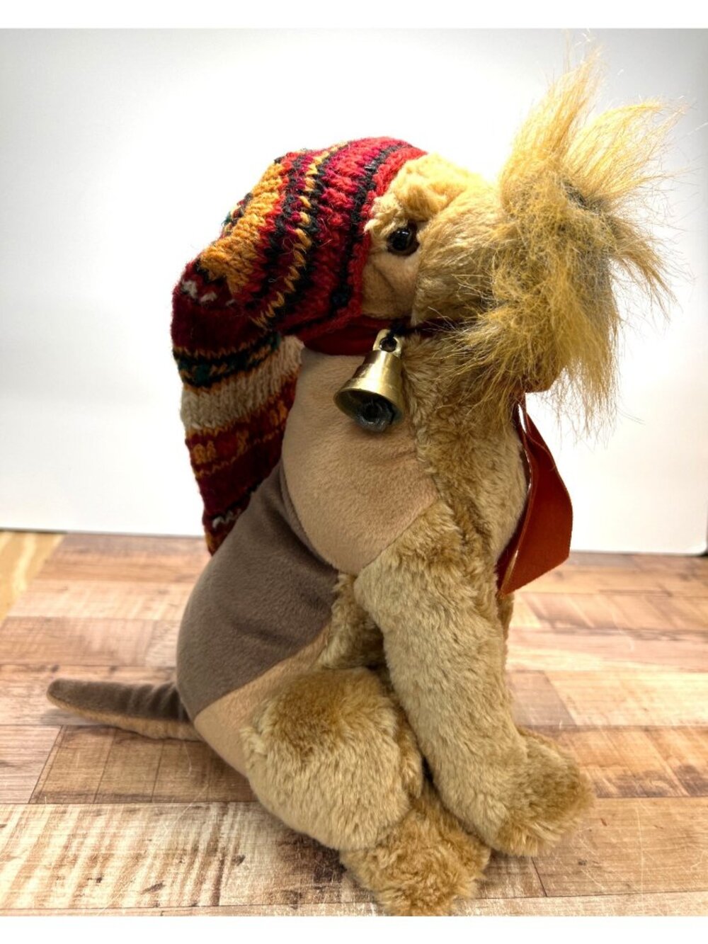 Vintage Plush Dog Knitted Hat & Scarf Bell Accent Artisan Design Collectible